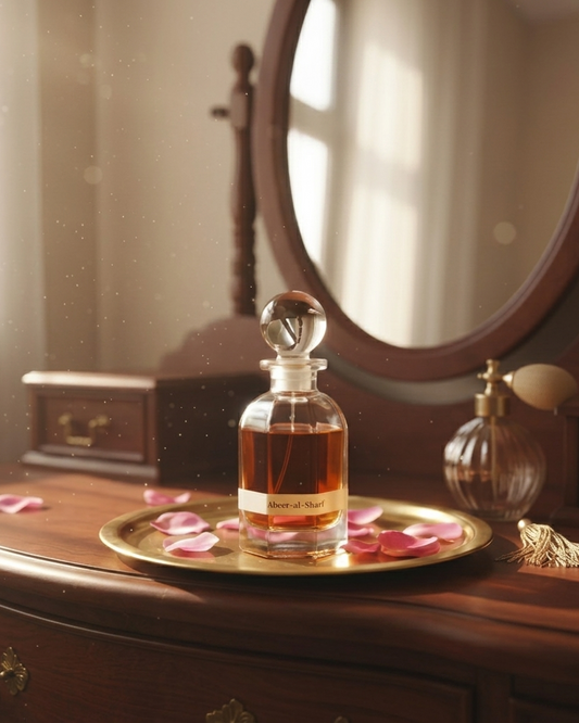 Perfume bottle on a wooden dresser with mirror and decorative items