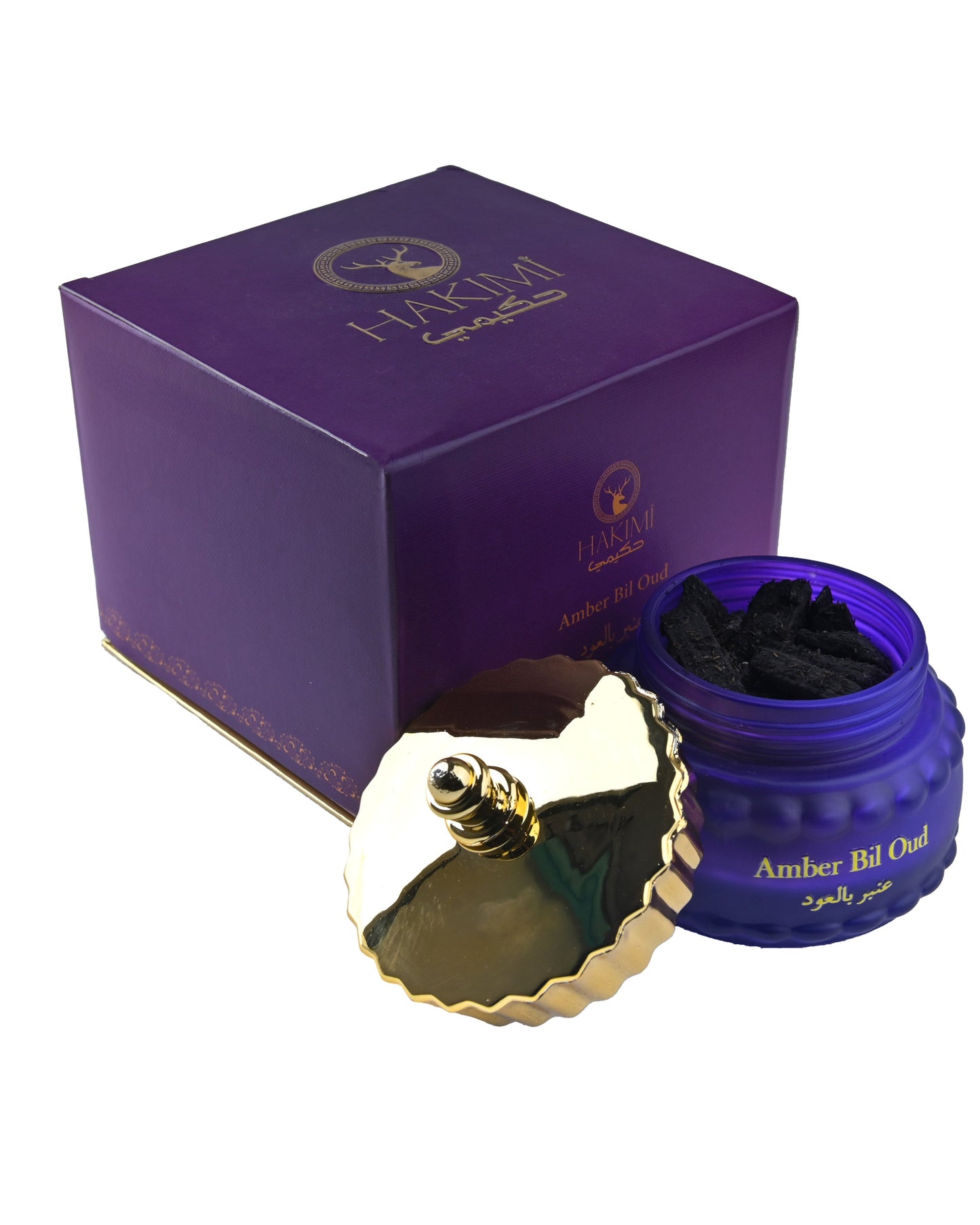 Purple container with gold lid and 'Amber Delight' text, next to a purple box on a white background
