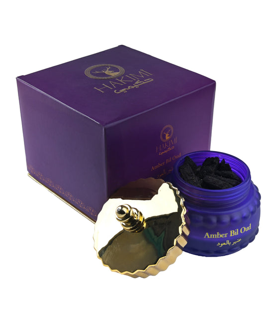 Purple container with gold lid and 'Amber Delight' text, next to a purple box on a white background