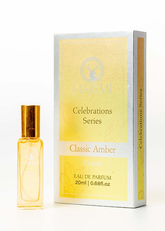 Eau de parfum bottle and packaging with 'Celebrations Series Classic Amber' label on a white background
