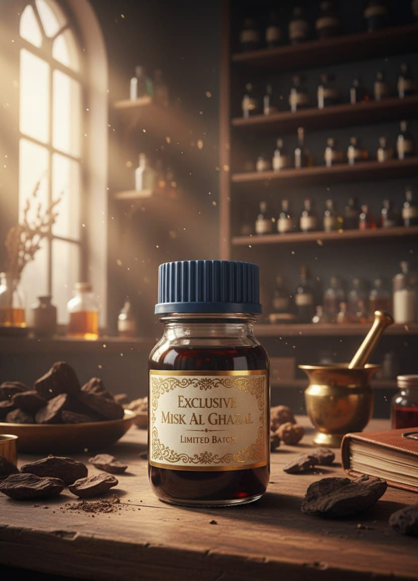 Bottle of Exclusive Nisz Al Gharama on a wooden table with a background of shelves filled with various bottles.