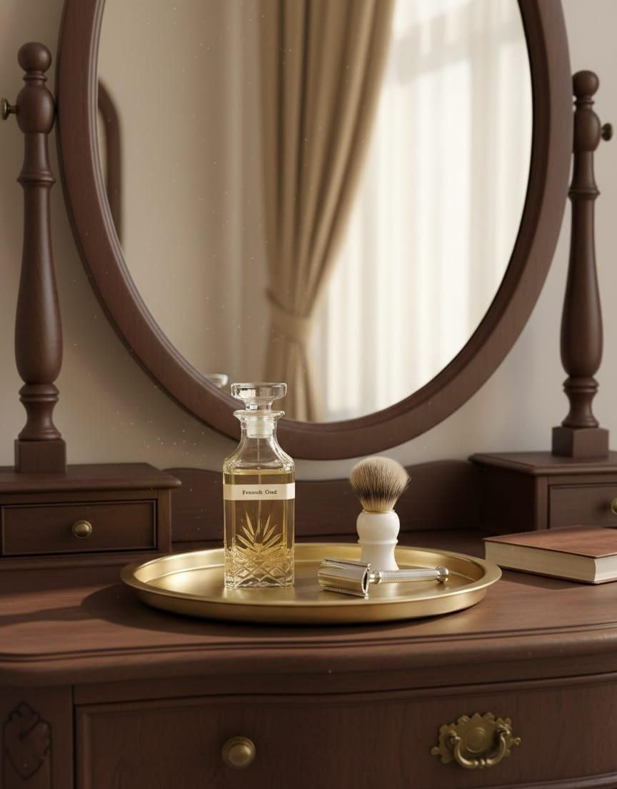 Perfume bottle and shaving brush on a wooden dresser with a mirror in the background