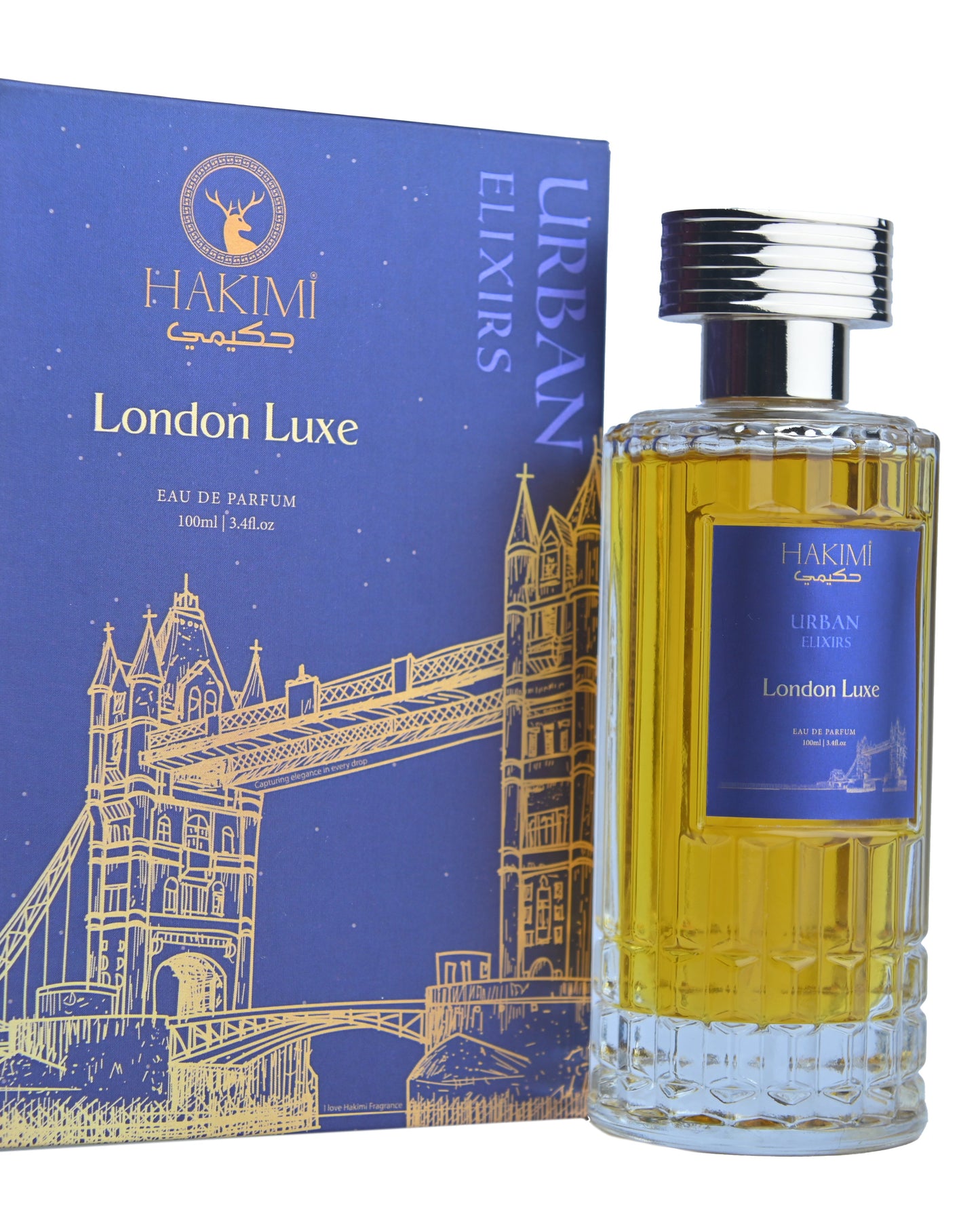 Fragrance bottle and packaging of London Luxe by Hakimi on a white background