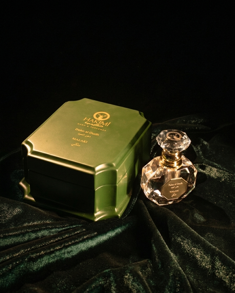 Green perfume box and clear perfume bottle on a dark green fabric background