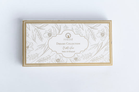 Hakimi Dreams Collection box with floral design on a light gray background