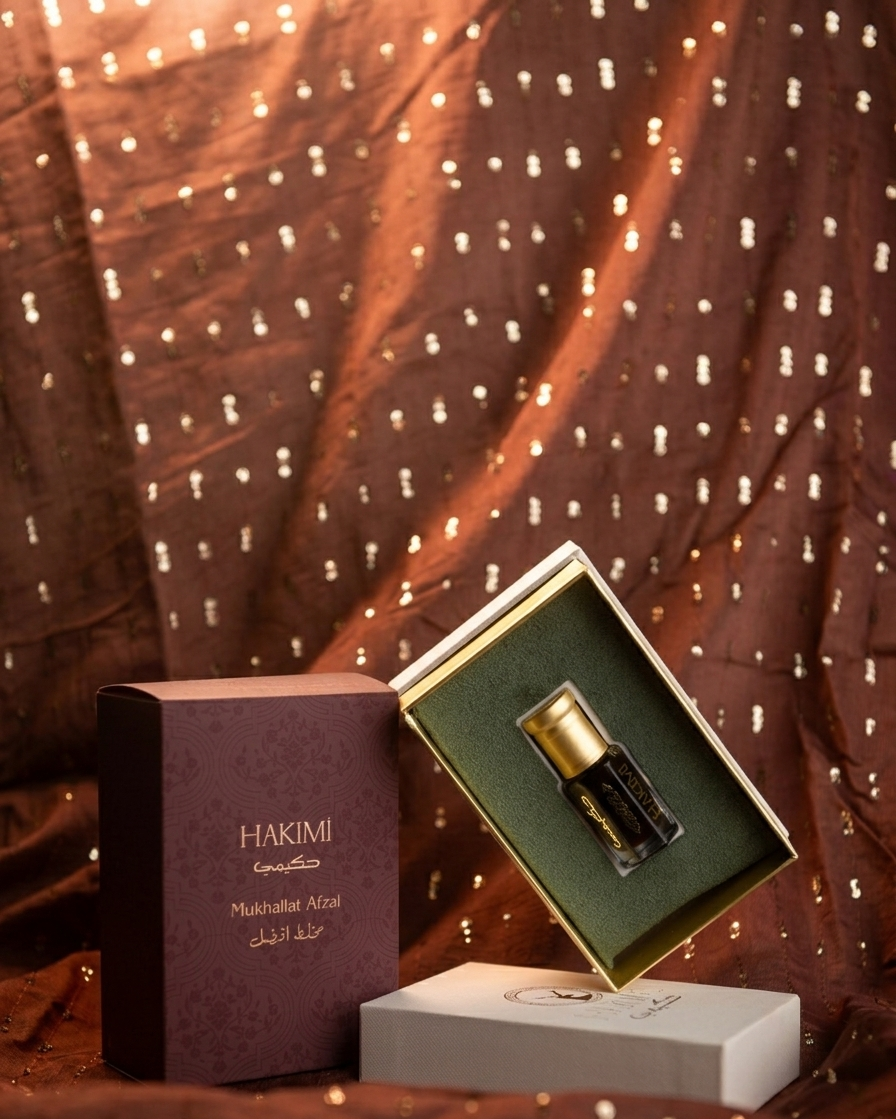 Hakimi perfume bottle and packaging on a brown fabric background
