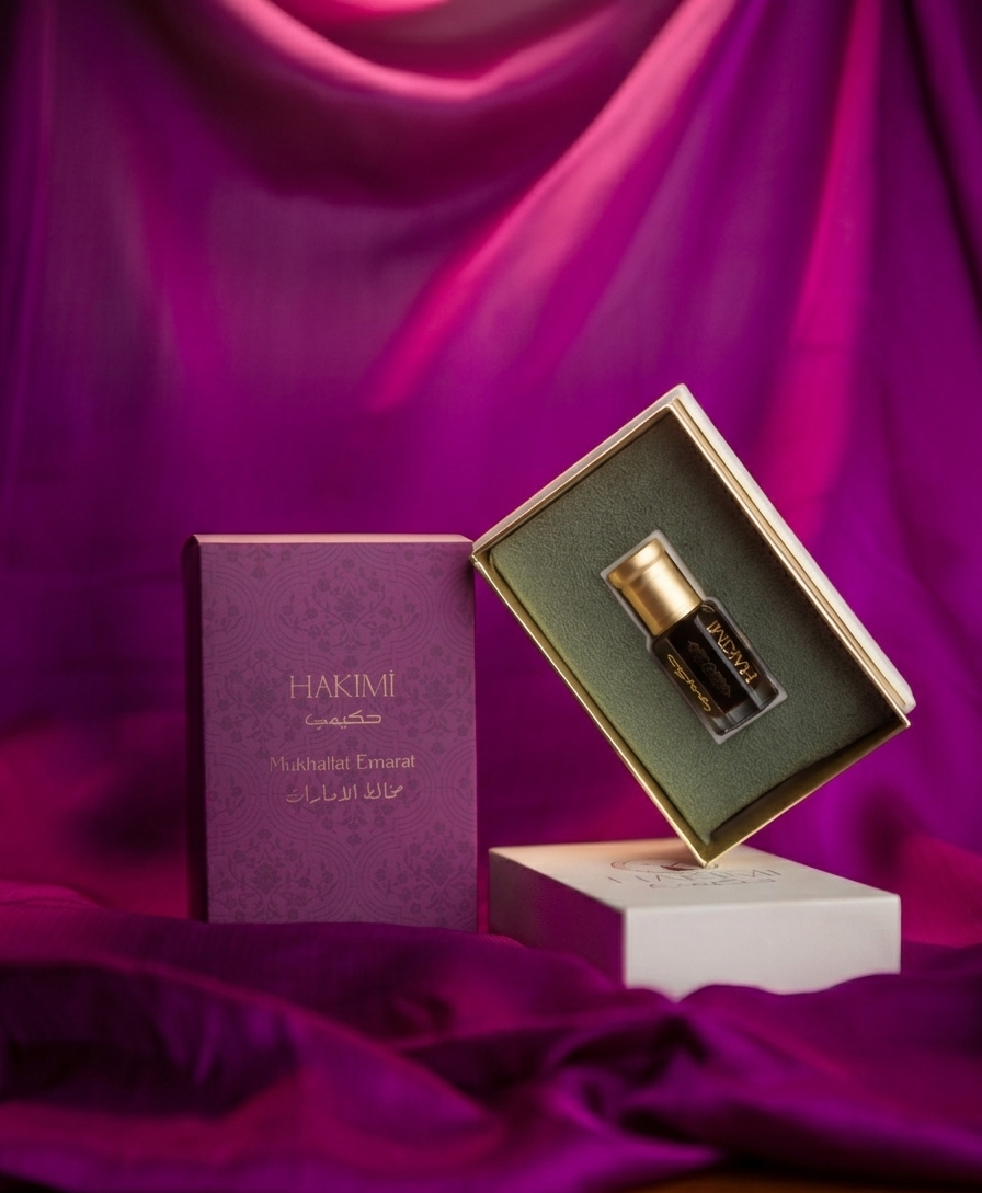 Hakimi perfume bottle and packaging on a purple fabric background