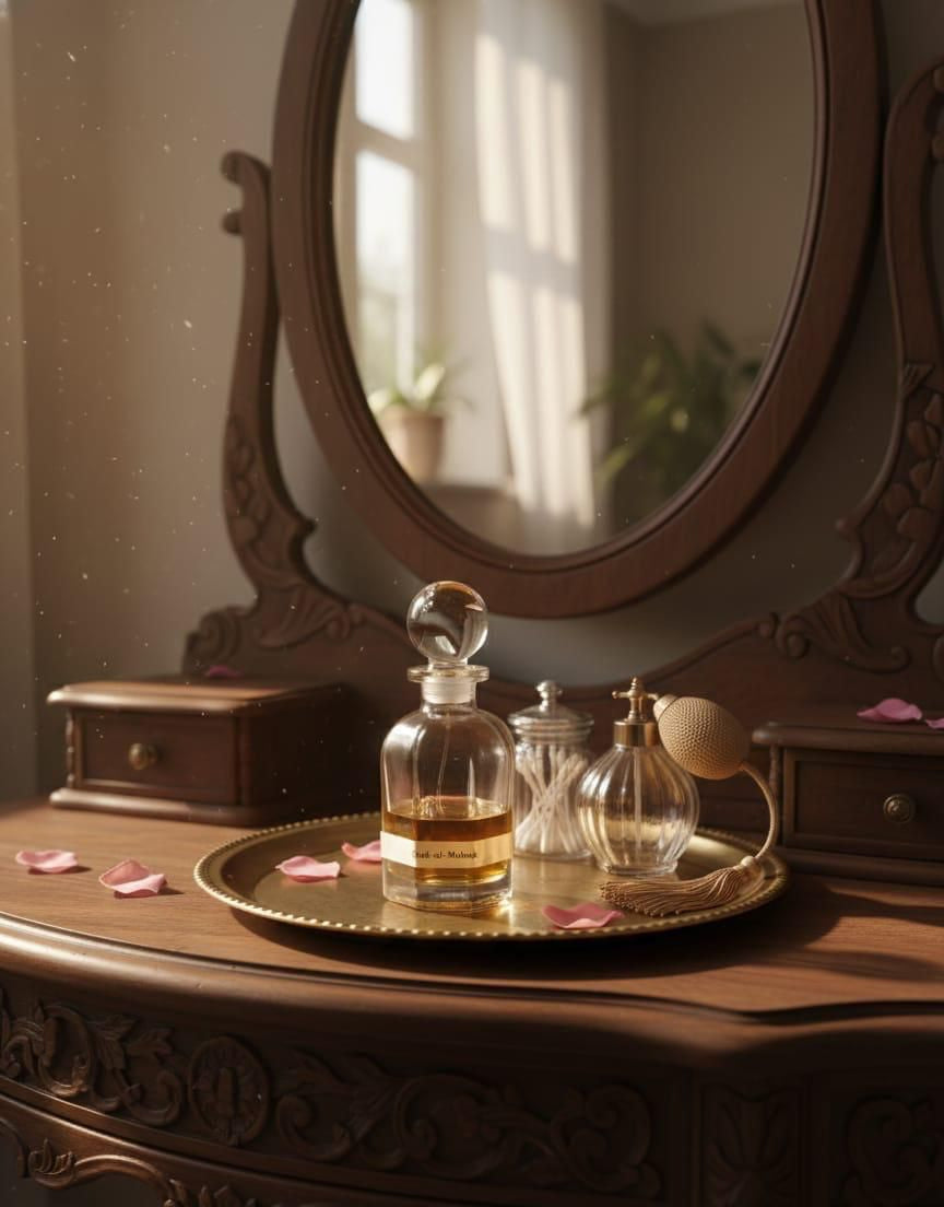 Perfume bottles on a tray in front of a decorative mirror with sunlight filtering through.