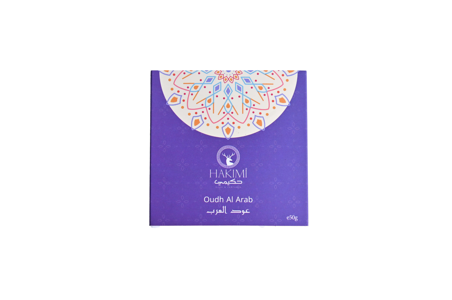 Purple packaging of Hakimi Oudh Al Arab on a white background