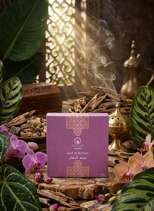 Purple box labeled 'Oud Al Burhan' with smoke and decorative elements on a wooden surface.