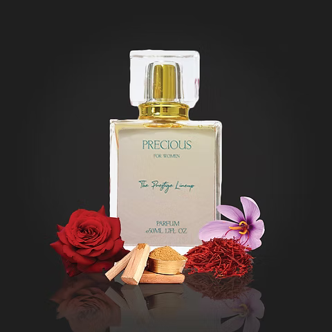 Perfume bottle labeled 'Precious' with decorative elements on a black background