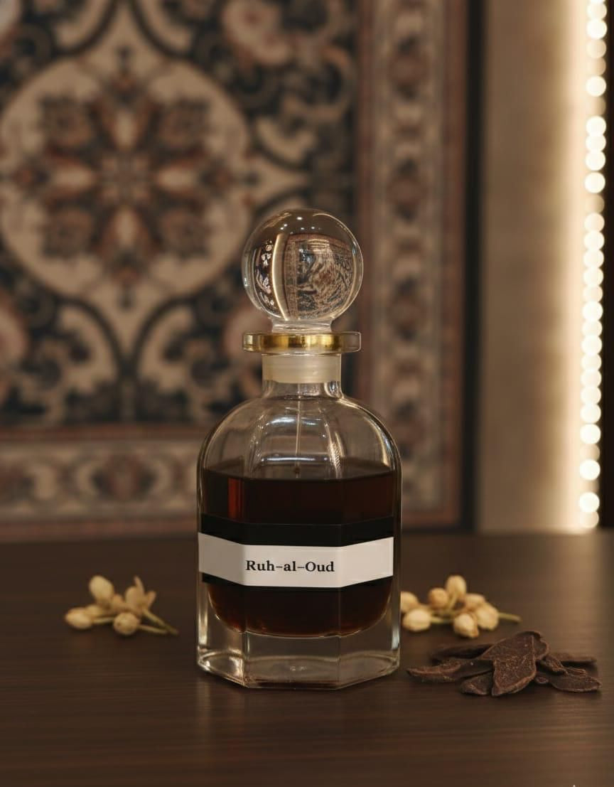 Bottle of Ruh-al-Oud oudh with decorative background