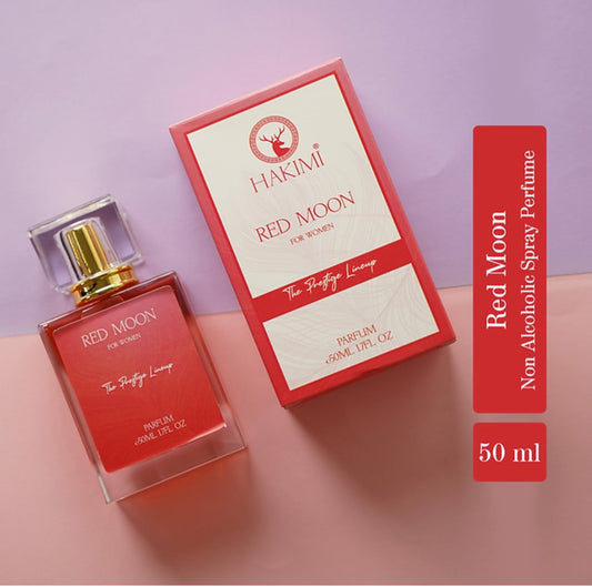 Hakimi Red Moon perfume bottle and packaging on a pink background