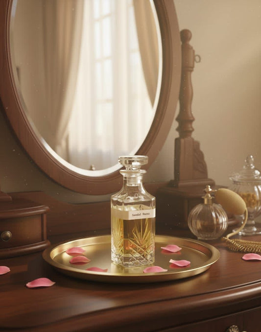 Perfume bottle on a gold tray with rose petals, next to a mirror on a wooden dresser.