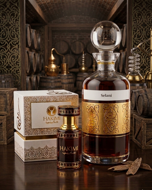 Two bottles of Hakimi and Selani in a rustic setting with wooden barrels.