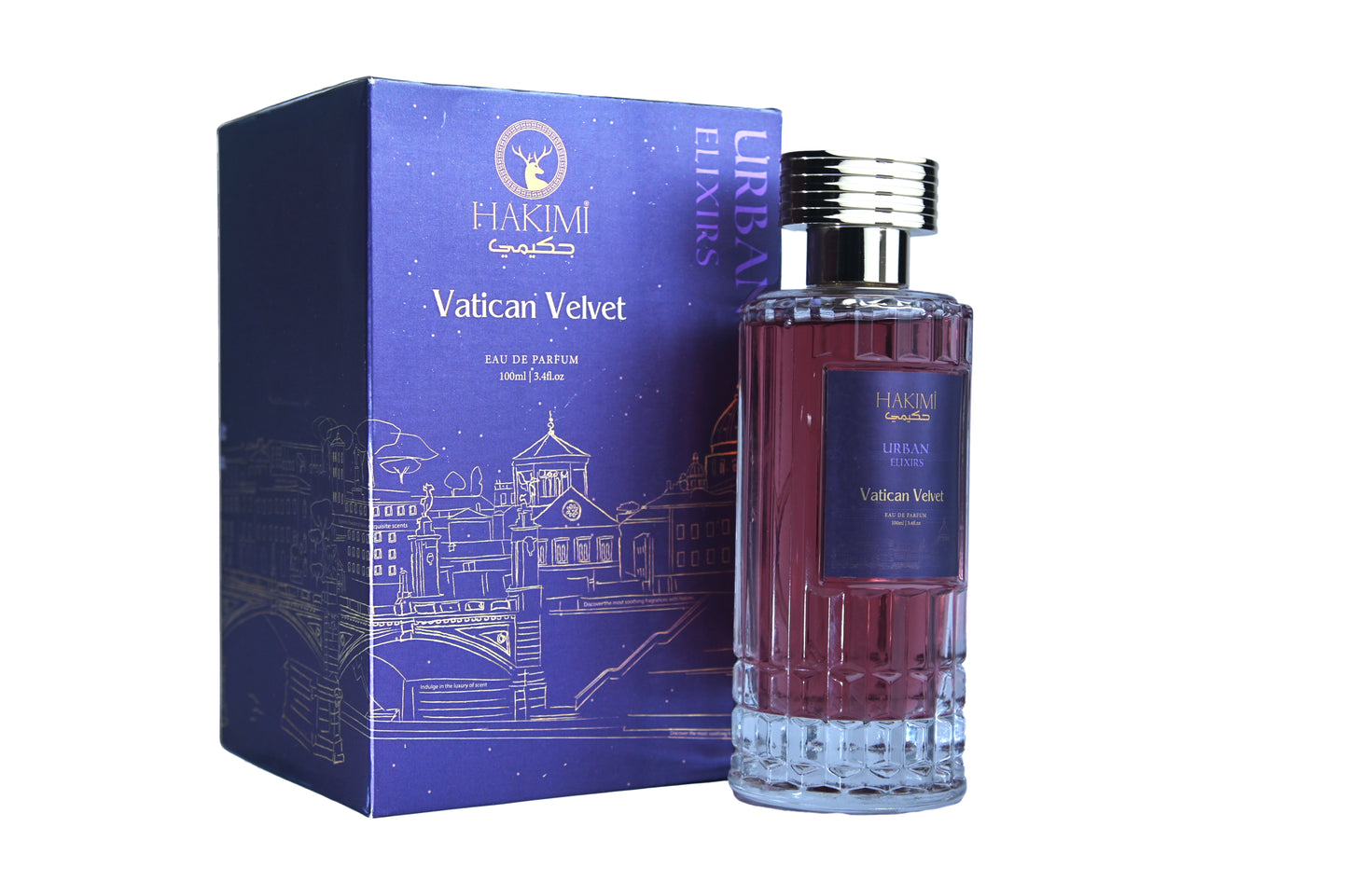 Perfume bottle and packaging of Vatican Velvet by Falakmi on a white background