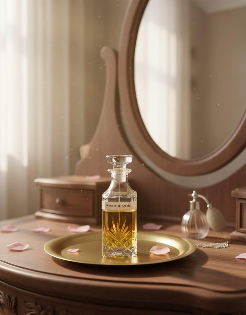 Perfume bottle on a gold tray with a mirror and decorative items in the background