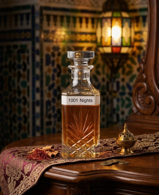 A clear glass decanter filled with amber liquid, labeled '1001 Negar', set on a dark wooden table in a richly decorated room with patterned tiles and warm lighting.