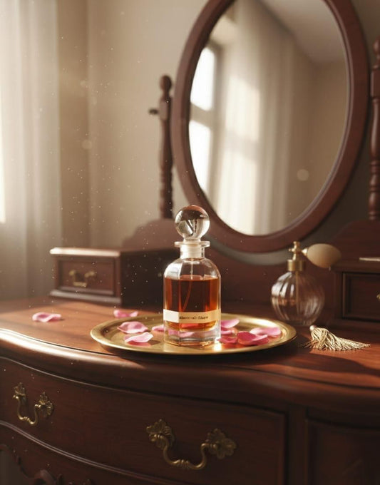 Perfume bottle on a wooden dresser with mirror in the background