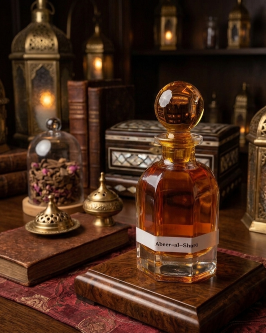 A bottle of Abeer-al-Shahr perfume on a wooden platform with ornate lanterns and books in the background.