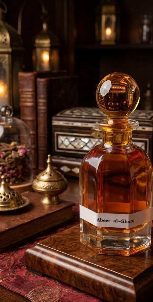 Decanter of amber liquid on a wooden surface with decorative background