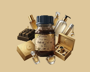 Collection of perfume bottles and packaging on a gold background