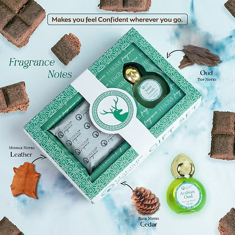 Green and white box with a green bottle labeled 'Araman Oud' on a light blue background with brown elements.