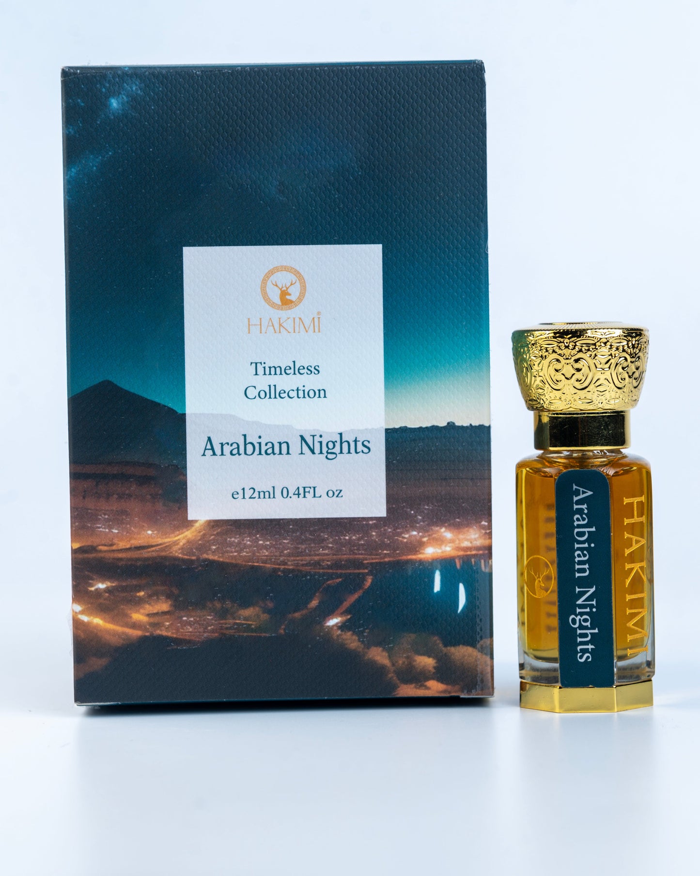 Perfume bottle and packaging of 'Arabian Nights' on a white background