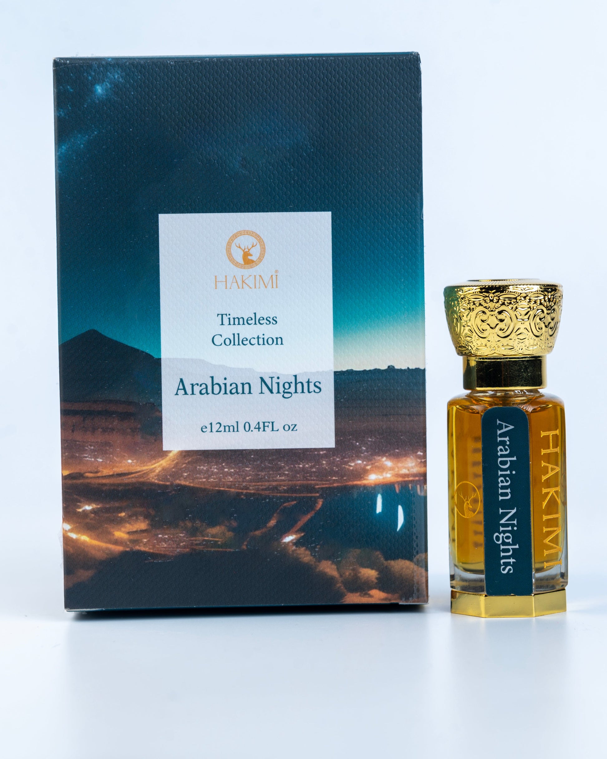 Perfume bottle and packaging of 'Arabian Nights' on a white background