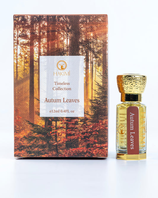 Perfume bottle and packaging with 'Autumn Leaves' design on a white background