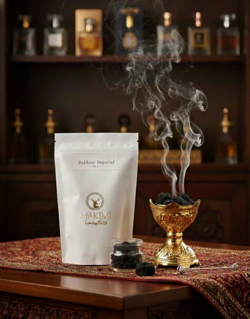 Hakimi incense packaging with smoking incense holder on a wooden table
