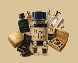 A curated collection of premium Arabic fragrance and grooming products arranged together on a warm beige background. The set includes multiple perfume bottles in clear and black glass with gold caps, a large jar labeled 'Best value' with dark liquid, gold-toned boxes, a small black box with a crescent moon emblem, a glass tumbler with a hanging tag, and a few dark brown sticks or wax pieces in front.
