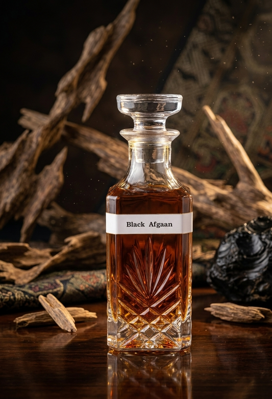 Bottle of Black Afgaan whiskey with decorative elements on a dark background