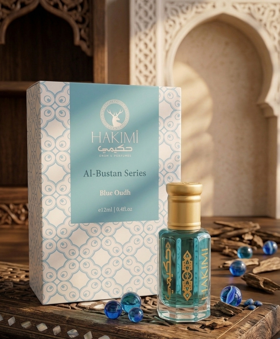 Harimi Al-Bustan Series Blue Oudh perfume bottle and packaging on a wooden surface with decorative elements.