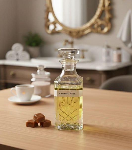 Bottle of Caramel Musk perfume on a wooden table with a blurred background