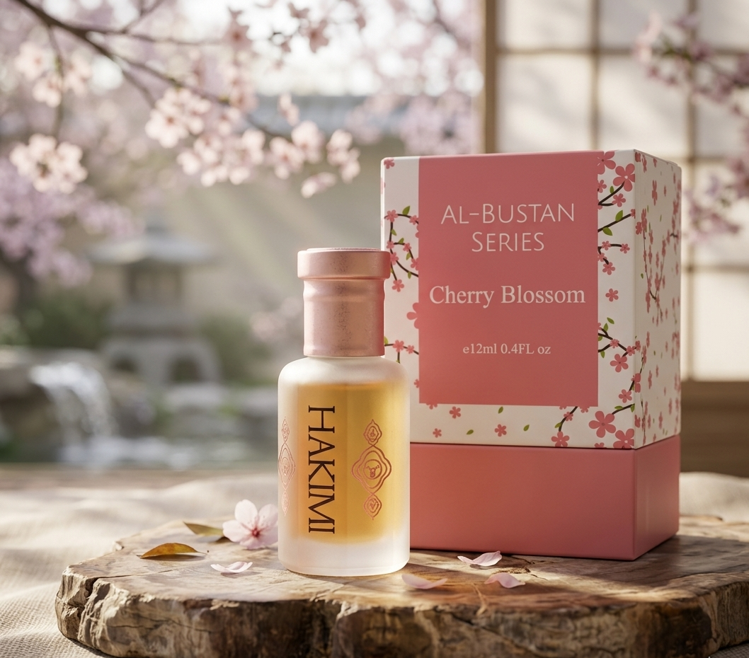 Hakimi Cherry Blossom perfume bottle and packaging on a wooden surface with cherry blossom background