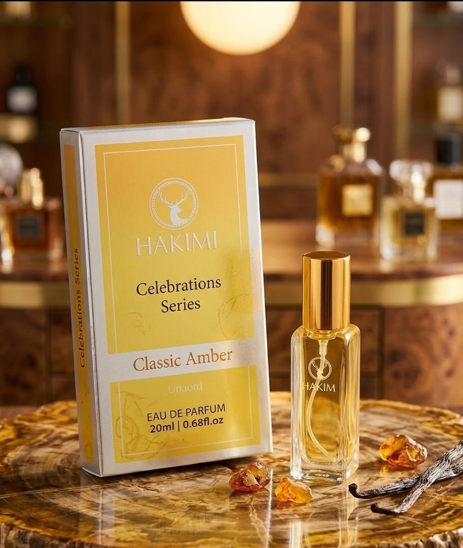 Hakimi Classic Amber perfume bottle and packaging on a wooden surface with vanilla beans.