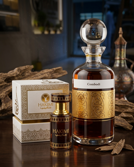 Hakimi and Combodi perfume bottles and packaging on a dark surface with wooden elements.