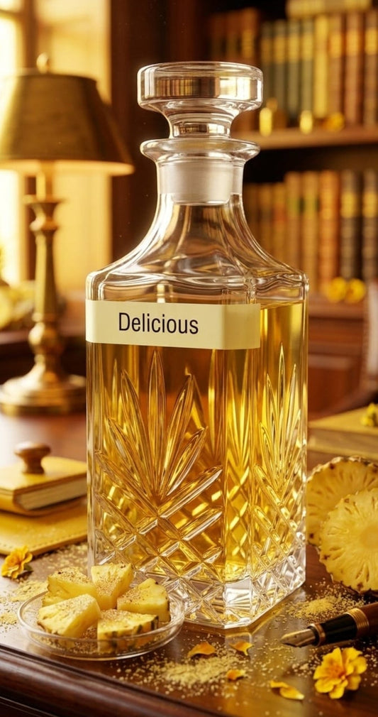 A clear glass decanter filled with golden amber liquid, labeled 'Delicious,' set on a wooden table in a warm, book-filled room with a lamp and decorative flowers.