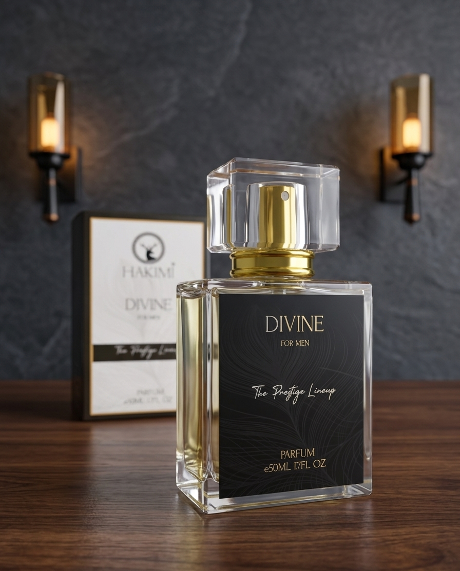 Perfume bottle labeled 'Divine' on a wooden surface with a dark wall background.