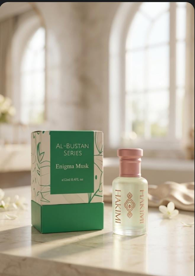 Fragrance bottle and packaging on a marble surface with a blurred background
