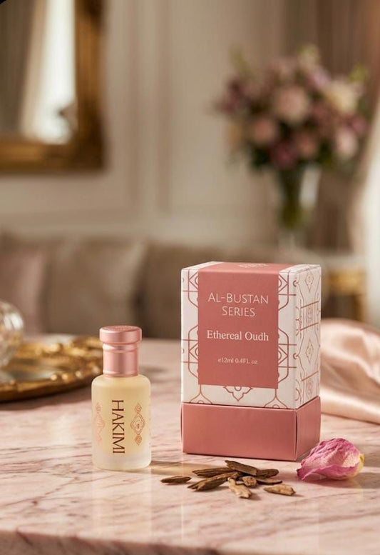Perfume bottle and packaging on a marble surface with a blurred background