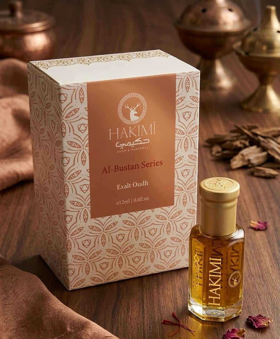 Hakimi Al-Bustan Series Exalt Oudh bottle and packaging on a wooden surface with dried oudh sticks.