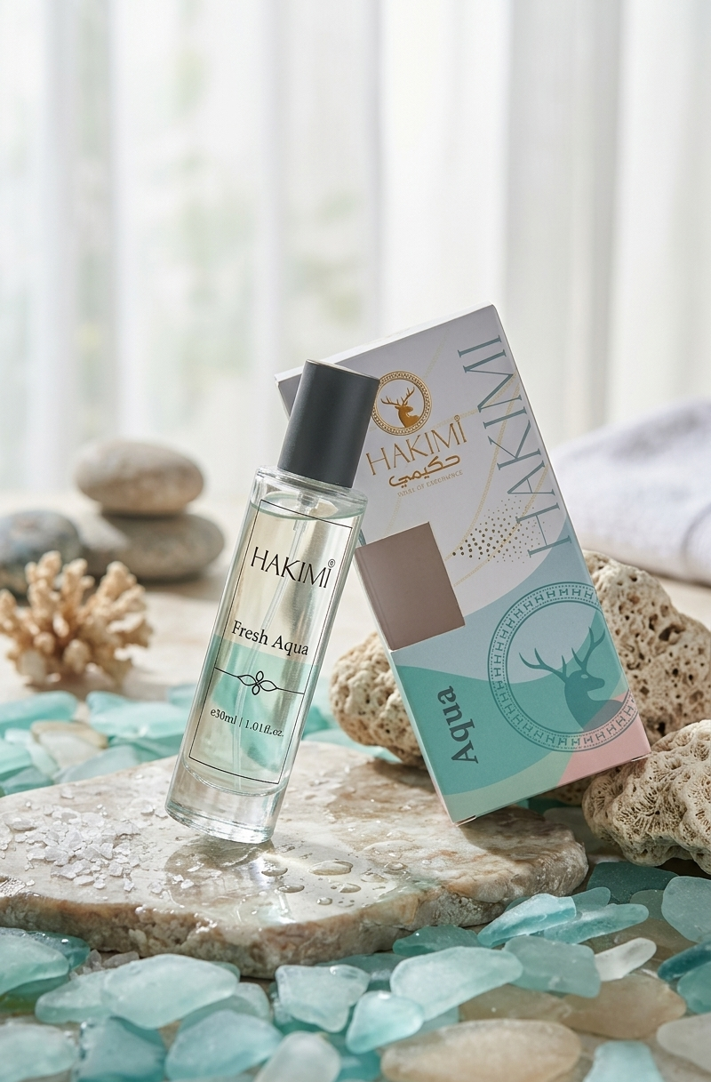 Hakimi Aqua perfume bottle and packaging on a beach setting with stones and sea glass.