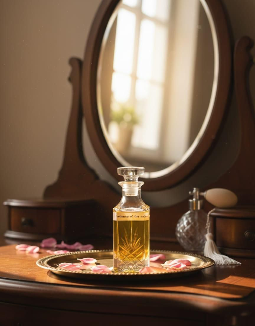 Perfume bottle on a wooden tray with a mirror in the background