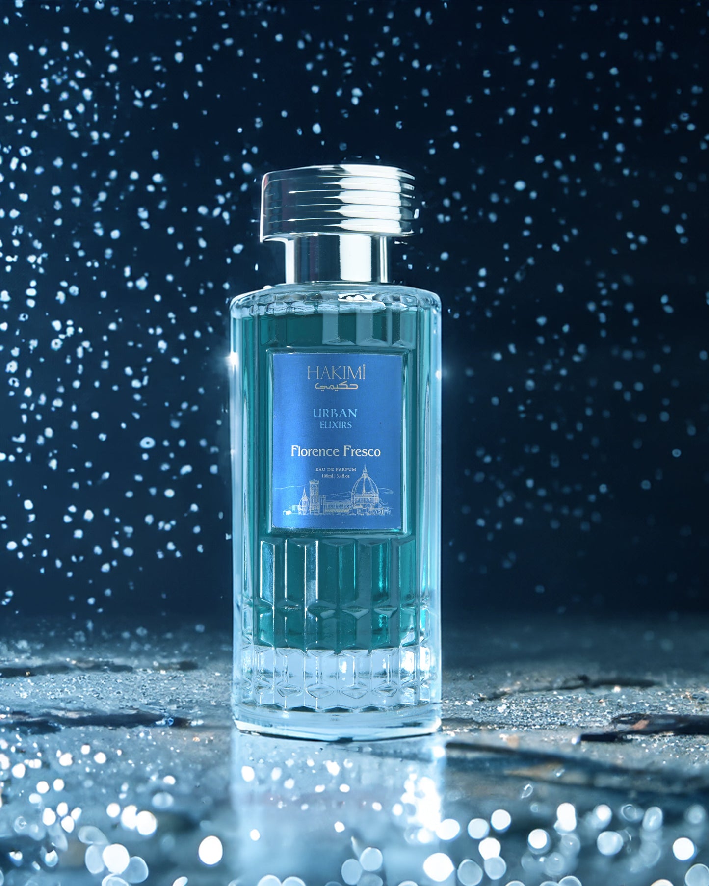 Perfume bottle with a starry night background