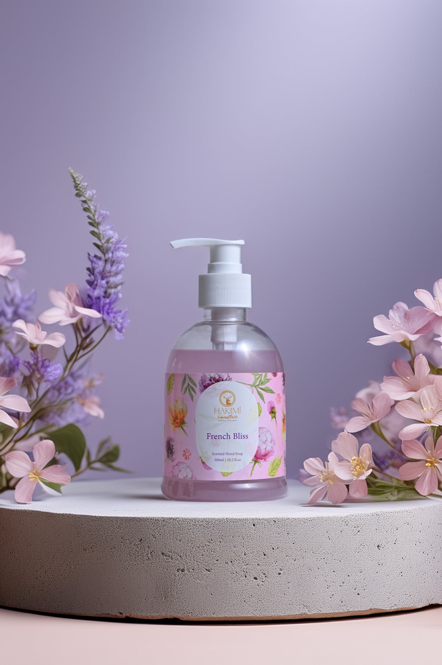 Bottle of French Rose hand soap with floral decorations on a light purple background