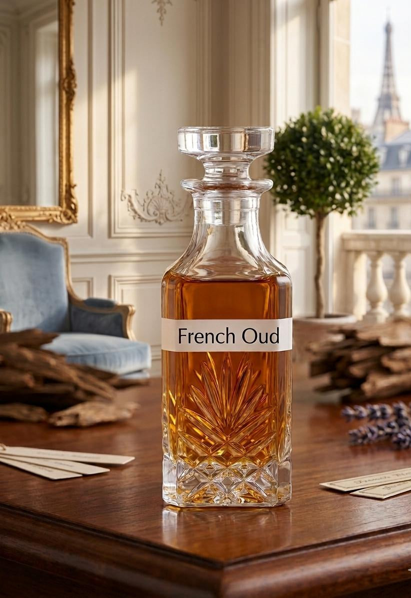 Bottle of 'French Oud' on a wooden table with decorative elements in the background