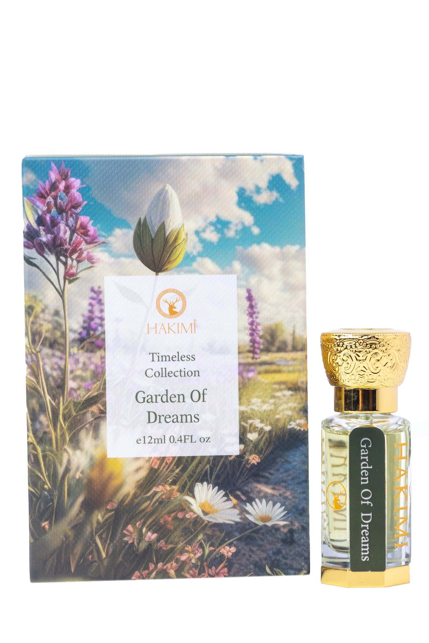 Perfume bottle and packaging with 'Gardens of Dreams' label on a white background