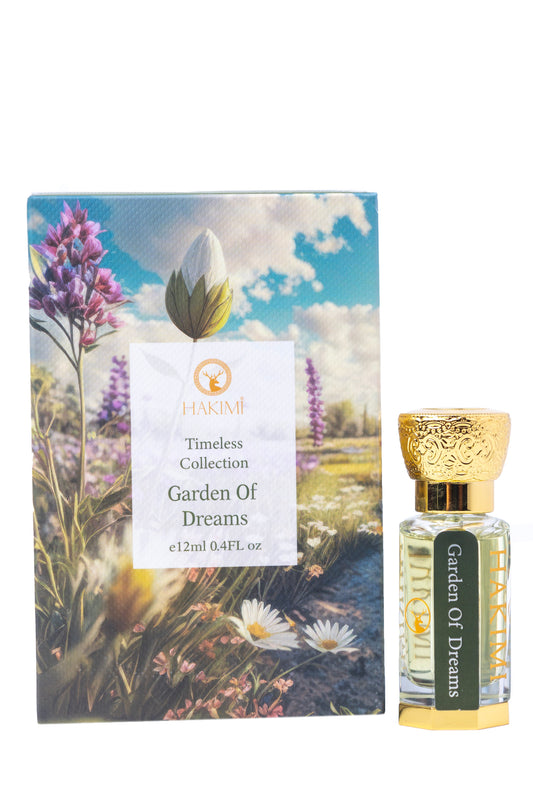 Perfume bottle and packaging with 'Gardens of Dreams' label on a white background